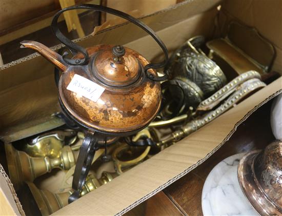 A pair of brass candlesticks and other brassware